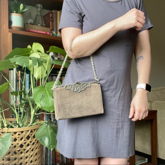 Vintage Handbags - Vintage evening bag gray and silver wrist strap